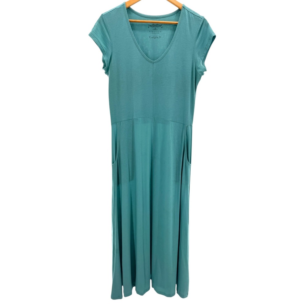 Peruvian Connection Hannah Dress M Pima Cotton Modal V-Neck Midi Pocket Teal